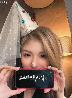 小红书同款生日帽彩钻头纱公主帽三角帽女孩拍照道具周岁派对装饰
