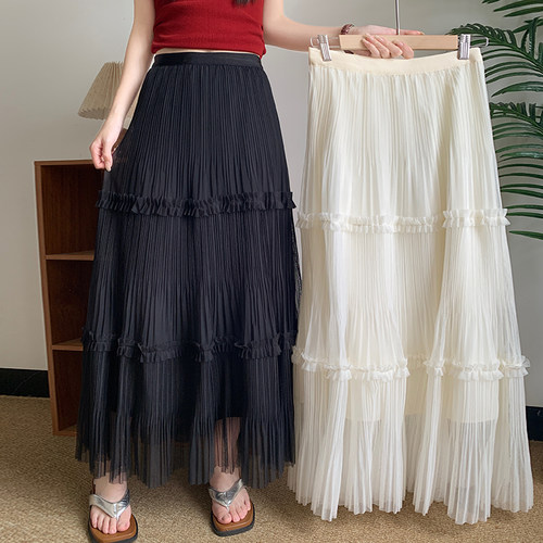 木耳边网纱百褶蛋糕裙大码女装夏季高腰垂感半身裙大摆A字长裙字