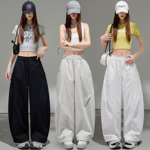 实拍 2026夏美式松紧腰慵懒风宽松显瘦白色休闲弯刀裤阔腿气球裤