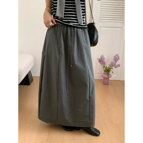 ING-松紧腰抽绳A字裙后开叉女夏季新款中长款百搭显瘦半身裙17330