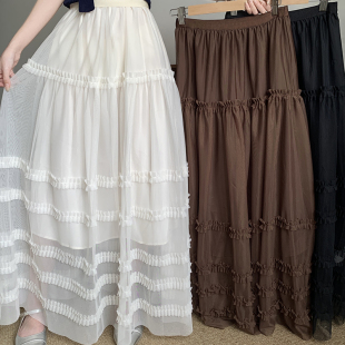 女装 花边百褶蛋糕半身裙大码 百搭高腰网纱大摆蓬蓬裙子 法式 夏季