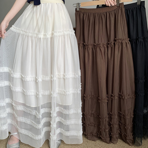 夏季法式花边百褶蛋糕半身裙大码女装百搭高腰网纱大摆蓬蓬裙子