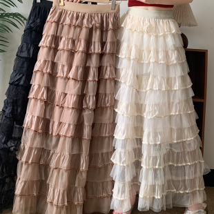 中长款 女春季 女装 百搭蛋糕裙大码 网纱蓬蓬裙高腰显瘦半身裙子 法式