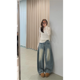 子大码 2026新款 长裤 女宽松阔腿休闲裤 胖MM 复古水洗做旧牛仔弯刀裤