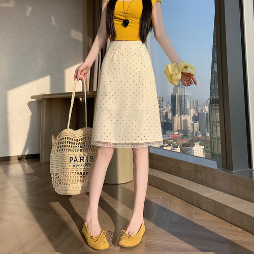 实拍2026夏复古高腰显瘦波点半身裙气质百搭蕾丝拼接裙摆a字中裙