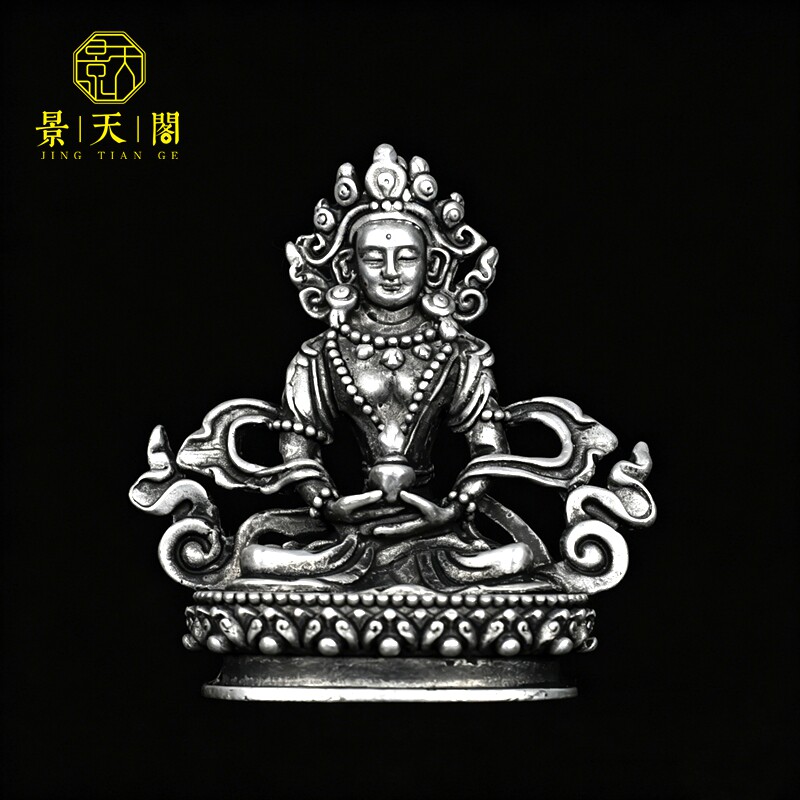 精雕复古鎏银药师菩萨桌面摆件藏传宗教供奉佛像工艺品装饰  收藏