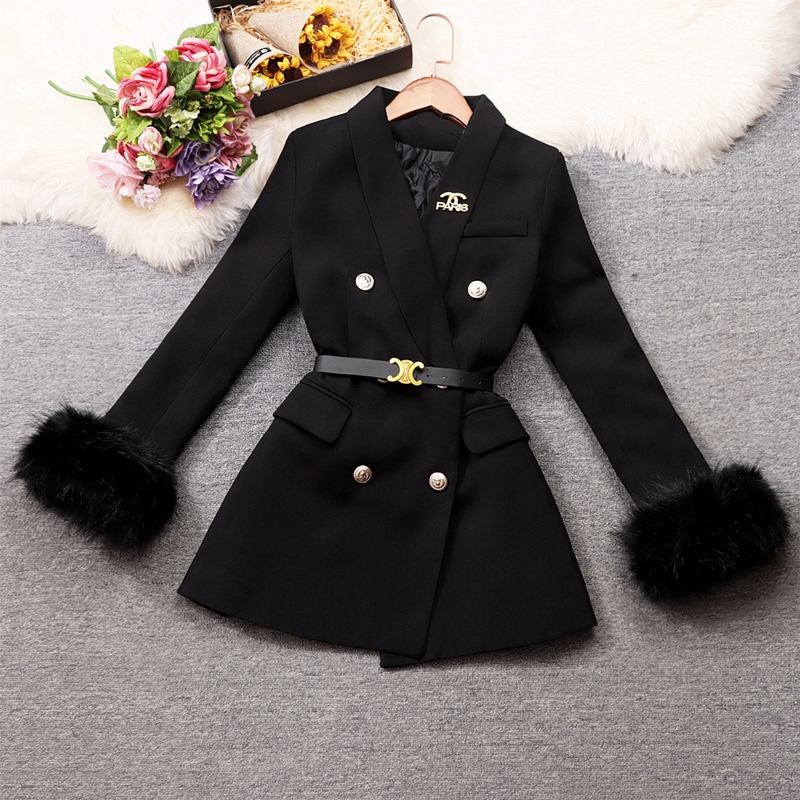 韩版长袖毛毛袖西装外套超洋气