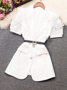 实拍2026年夏季女装名媛风钉珠西装领花朵短袖修身显瘦的西装外套