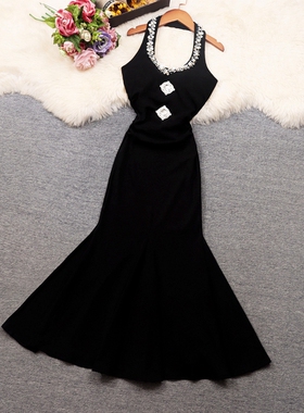 实拍夏季女装高级感小黑裙重工镶钻挂脖修身鱼尾晚礼服裙连衣裙潮