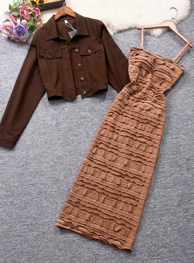 实拍秋季女装新款韩版牛仔外套+荷叶边吊带包臀裙名媛风两件套装