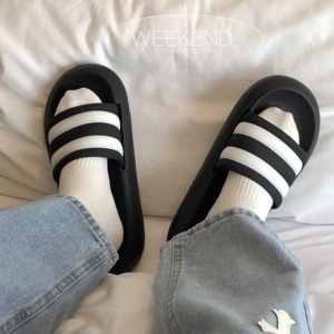 B218-T25-P20情侣款厚底男女黑白基础款条纹新款夏天拖鞋凉拖鞋子图片