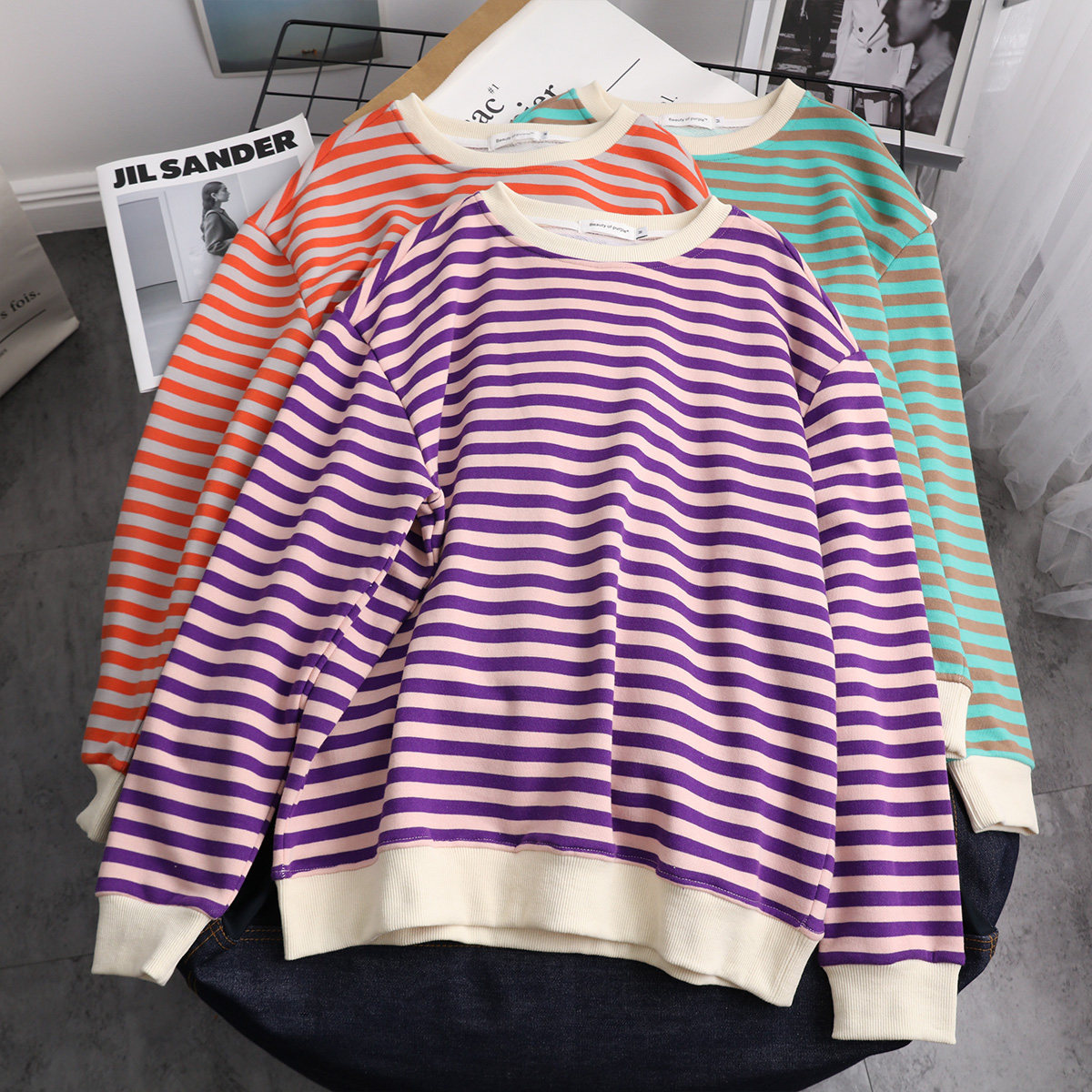 美式ins紫色条纹长袖卫衣女春秋薄款韩版潮大码宽松无帽套头圆领