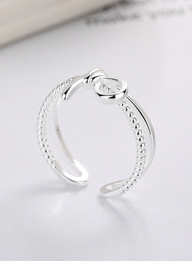 S925纯银不规则麻花钩针带线戒指可调节韩版轻奢食指戒