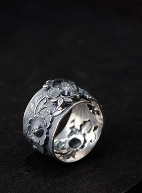云尚服饰足银S990复古做旧工艺女款浮雕牡丹花戒指宽版指环扳指