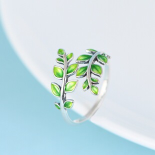 云尚服饰S925银戒指 简约文艺中古风烧蓝树叶春天可调节指环银戒