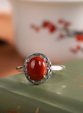 云尚服饰泰银复古手饰s925银镶南红玛瑙戒指开口女士指环四爪指环