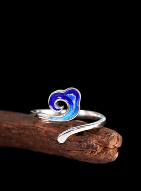 云尚服饰s925银烧蓝 祥云钩针带线开口戒指 时尚简约开口戒指