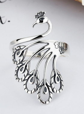 云尚服饰 活口孔雀S925纯银凤凰钩针带线做旧戒指环
