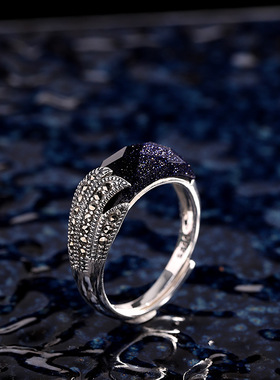 云尚服饰S925银饰品经典款切面活口泰银女士蓝砂石戒指指环