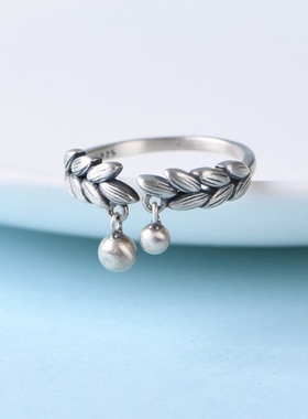 云尚服饰S925银复古麦穗戒指 文艺简单银珠流苏可调节女款指环