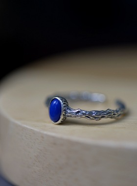 云尚服饰S925银复古工艺青金石戒指女款开口民族风银饰指环