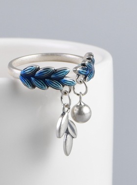 云尚服饰哑光烧蓝麦穗银银叶子开口戒指 银珠流苏女款S925银