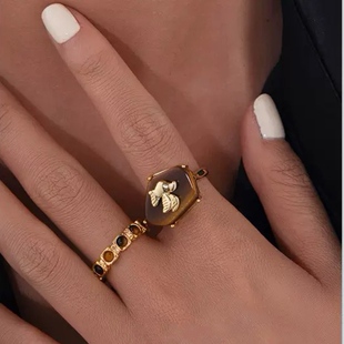 FEEI STUDIO欧美时尚简约黄铜镀金虎眼石戒指圆圈高级感复古小众