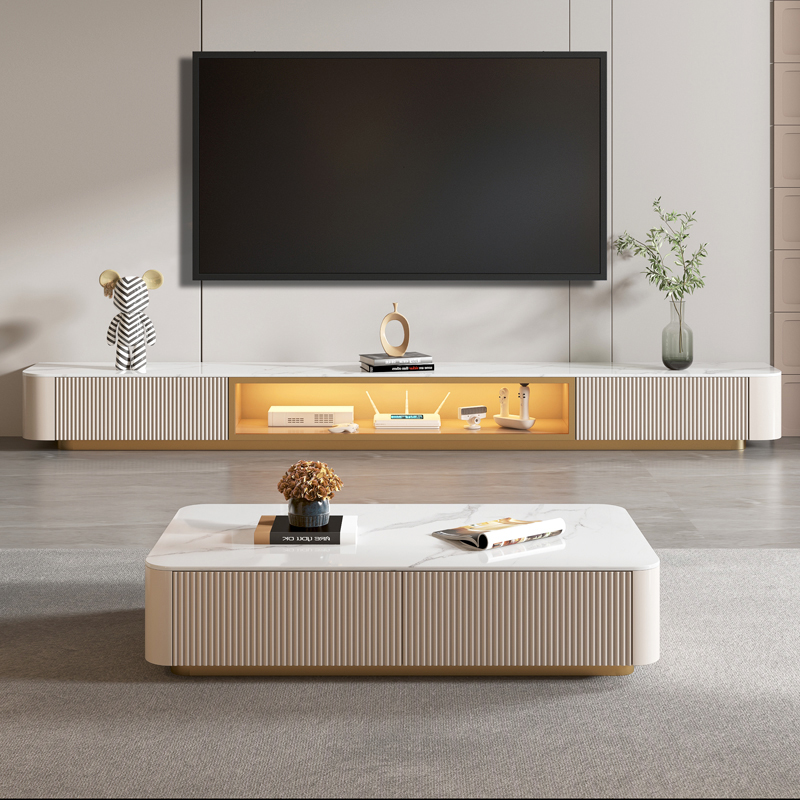 岩板地台电视柜茶几组合现代简约轻奢电视机柜客厅家用玻璃门地柜