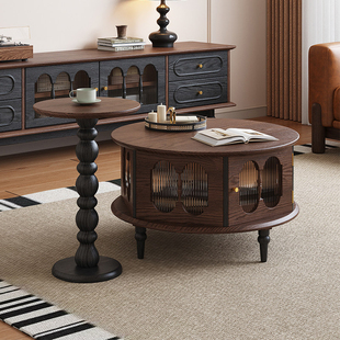 实木茶几组合小户型客厅家用轻奢高级感茶台法式中古风圆形小桌子