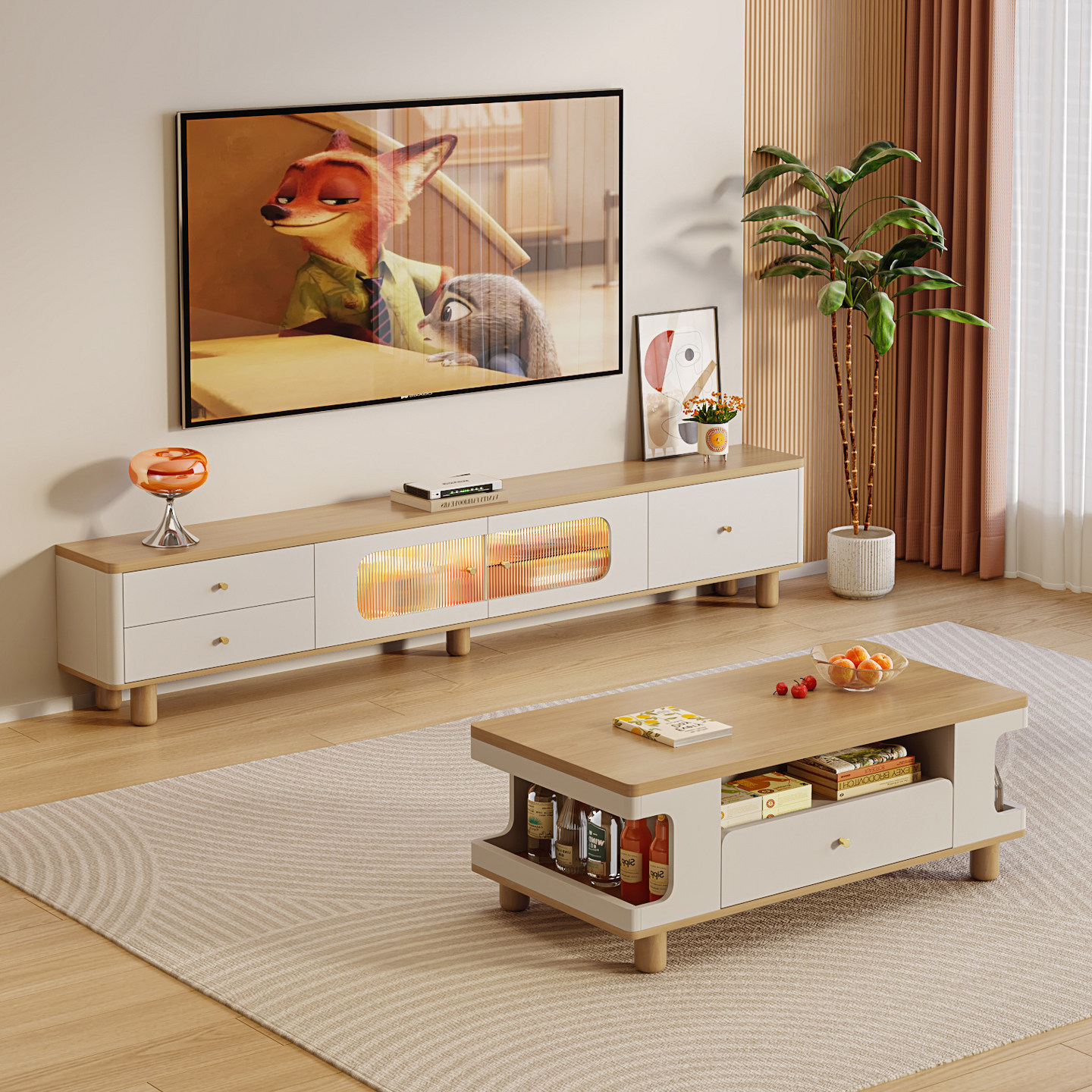 电视柜茶几组合客厅中古风落地电视机柜家用小户型实木收纳储物柜