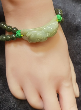 新疆和田玉碧玉双股玉珠子手工串珠手链，重量25克