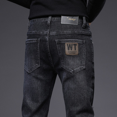 男士牛仔裤秋冬新款潮流百搭烟灰色弹力潮牌刺绣加绒加厚小脚长裤