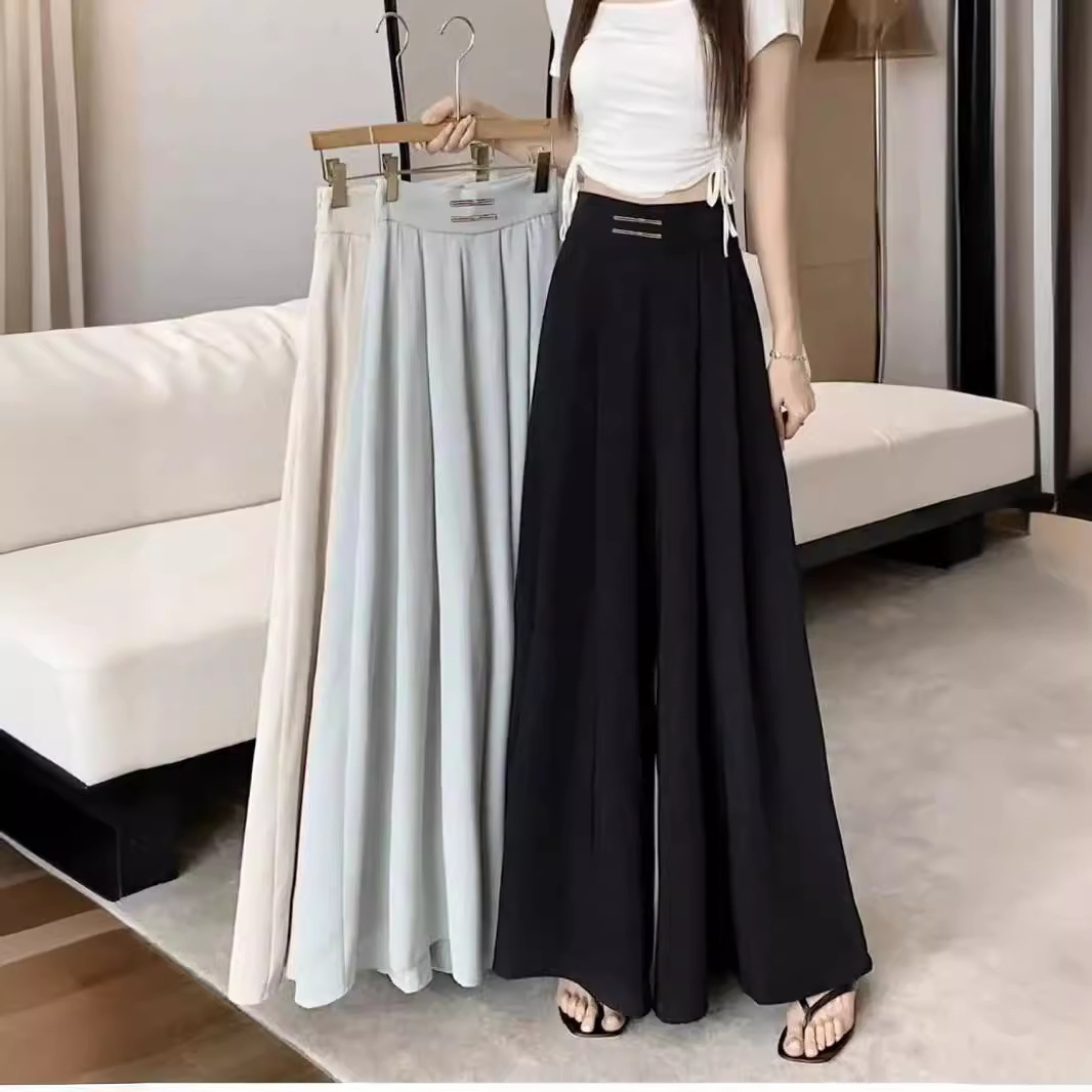 女装秋季冰丝雪纺盘扣高腰百褶垂感阔腿垂坠感收腰遮肚长款裙裤子