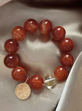 新年饰品本命年手链 天然红玛瑙手链 条纹玛瑙手串男女手链