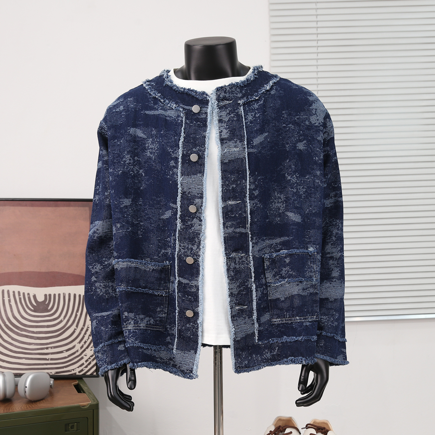 复古原宿风提花毛边双口袋男女青年休闲牛仔夹克潮牌宽松工装外套