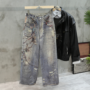 高街3D立体喷绘印花水洗做旧牛仔裤阔腿裤半松紧男女街头拖地长裤