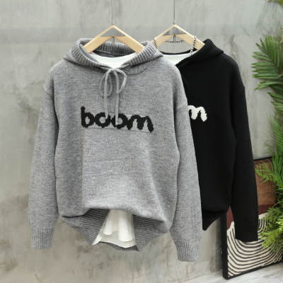 字母连帽长袖灰色毛衣国潮休闲男