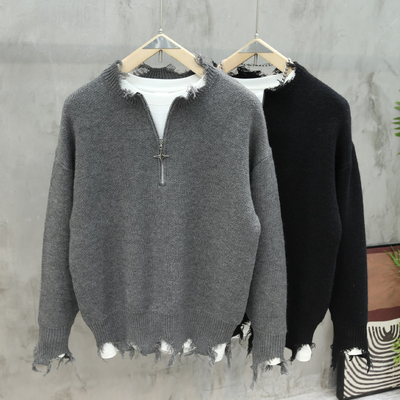 半拉链破洞破坏毛衣男女时尚痞帅
