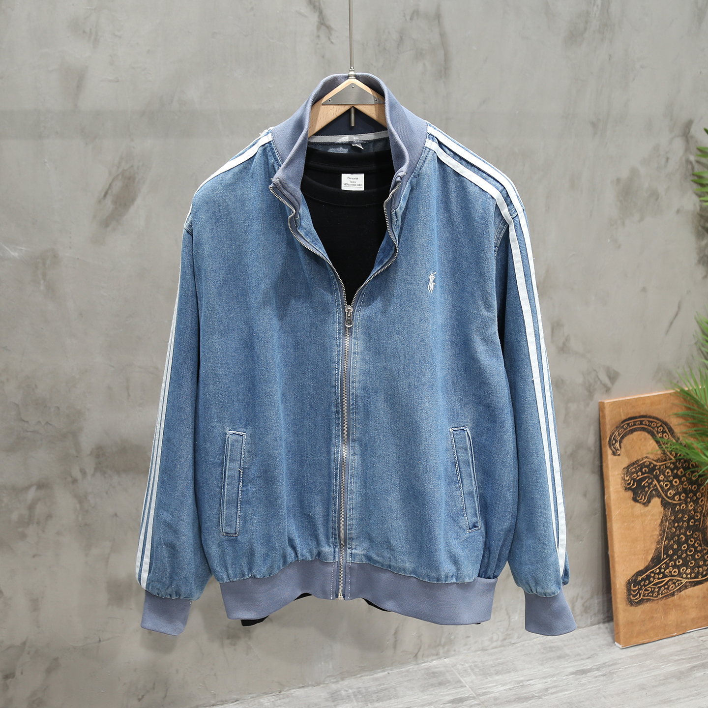 美式潮牌刺绣三条杠立领牛仔夹克男款春秋季新款撞色宽松休闲外套