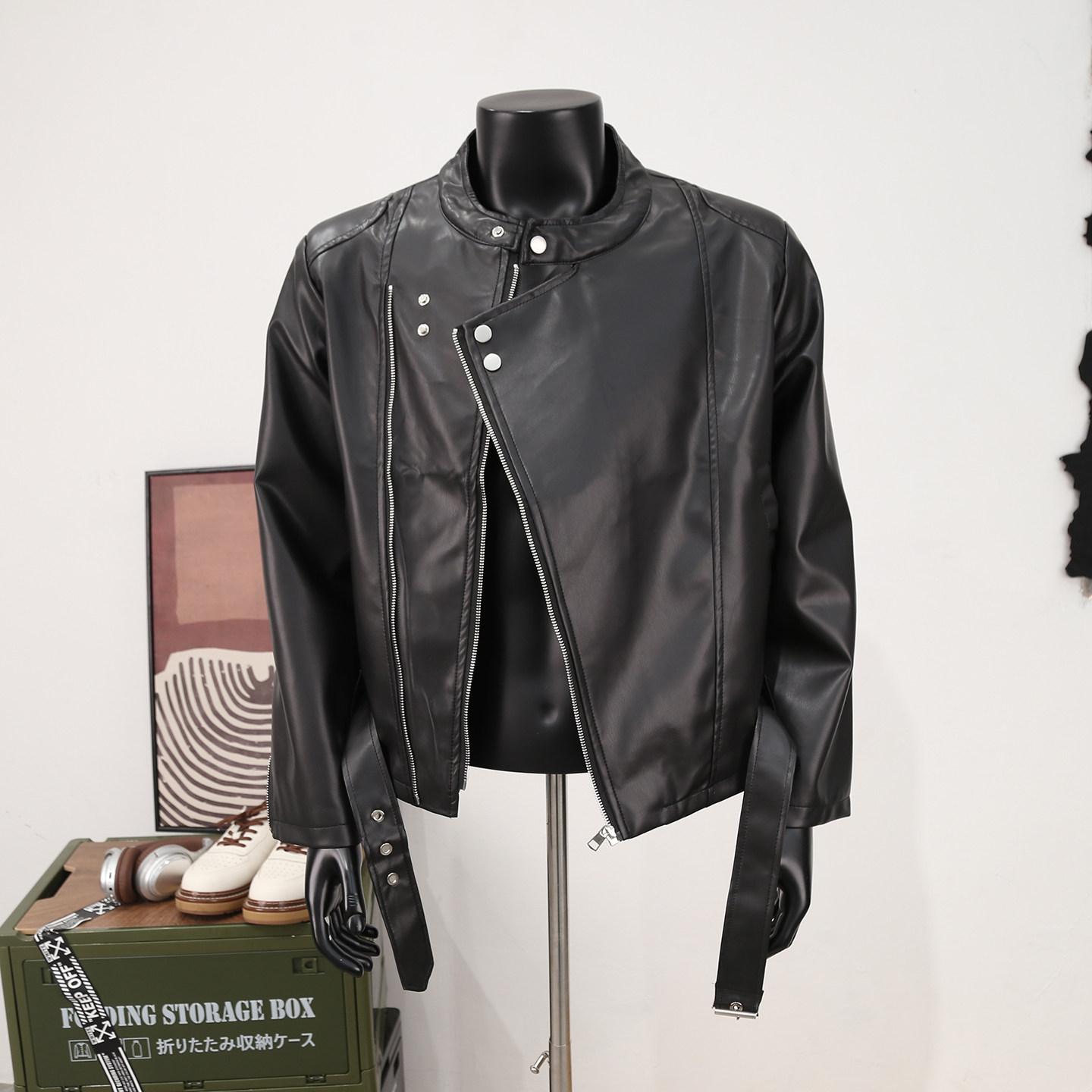 春秋季设计感斜拉链圆领PU皮衣外套男士短款垫肩痞帅潮流韩版夹克