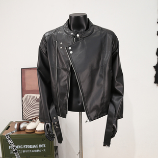 春秋季设计感斜拉链圆领PU皮衣外套男士短款垫肩痞帅潮流韩版夹克