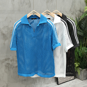 宽松欧美风杠条体恤 镂空透气翻领POLO针织上衣男装 夏季 陈冠希同款