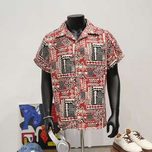 宽松大码 夏威夷民族风古巴领冰丝薄款 男士 短袖 显瘦沙滩衬衣夏 衬衫