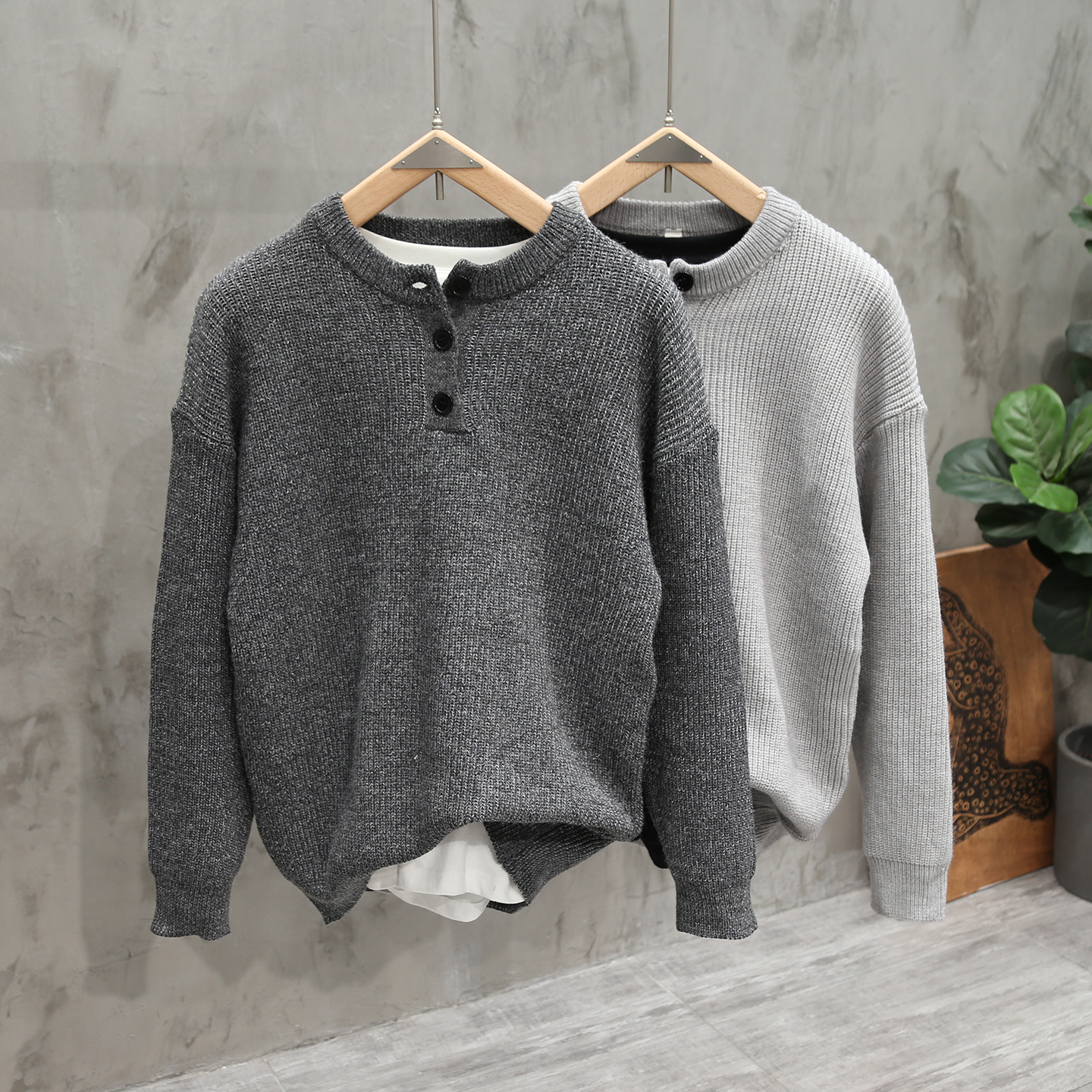 加厚复古亨利领针织衫毛衣潮牌男