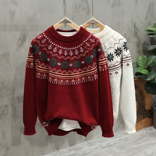 秋冬款红色费尔岛男女套头毛衣民族风提花宽松青少年针织衫外套