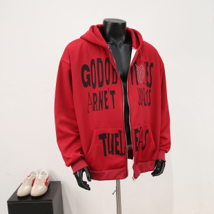 红色宽松帽衫 卫衣外套男女情侣装 秋 潮牌爱心烫钻印花连帽开衫 美式