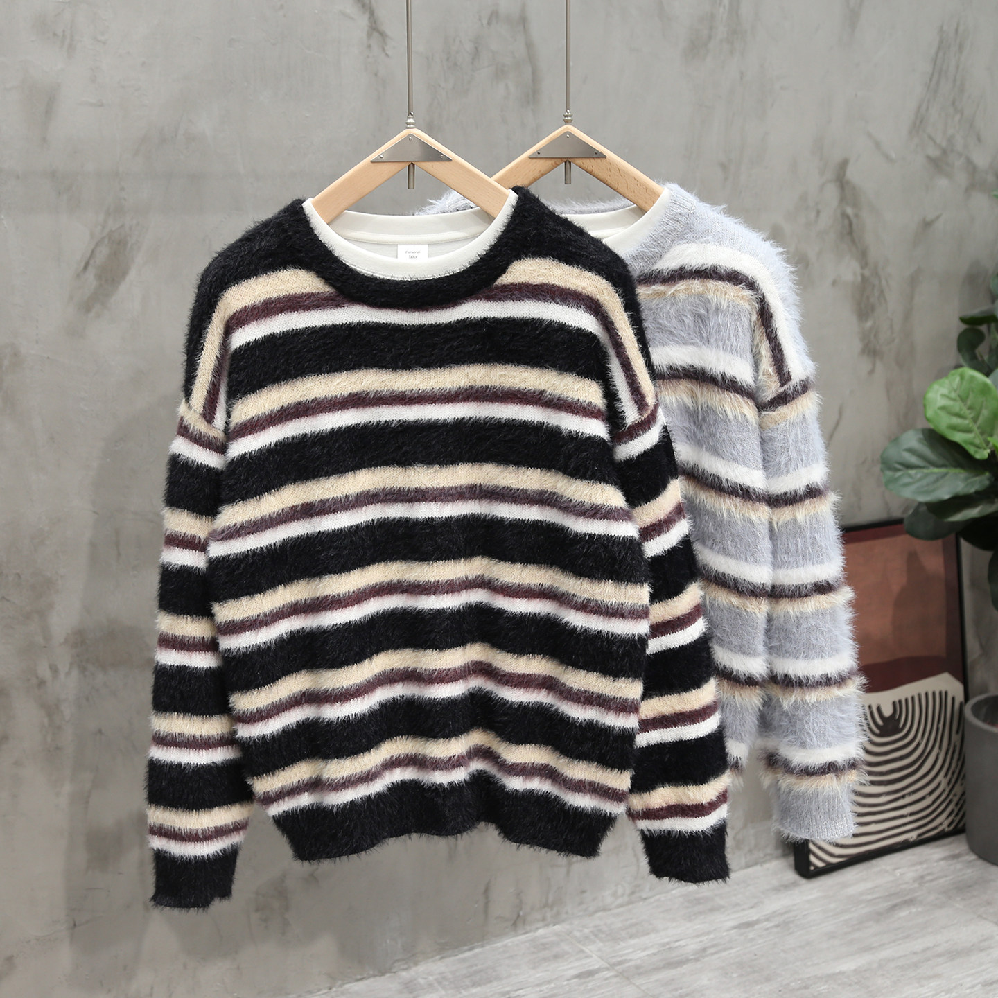 秋冬季慵懒风仿貂绒不起球条纹圆领套头毛衣男女宽松打底针织衫潮,男装,针织衫/毛衣,淘宝优惠券,粉丝福利购,淘宝优惠卷