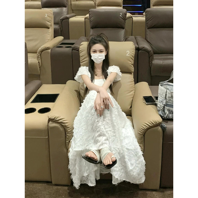 法式白色小飞袖连衣裙女