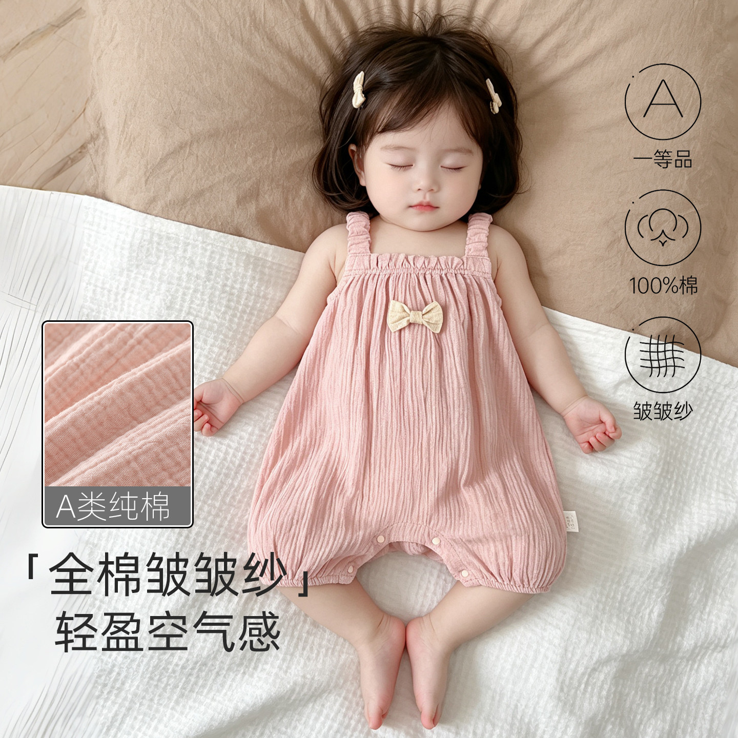 婴儿吊带连体衣夏季纯棉纱布3-6月女宝宝无袖哈衣爬服洋气可爱装9