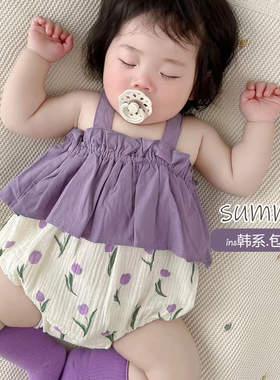 ins婴幼儿夏季纱布连体衣洋气吊带哈衣女宝宝夏装包屁衣薄款衣服